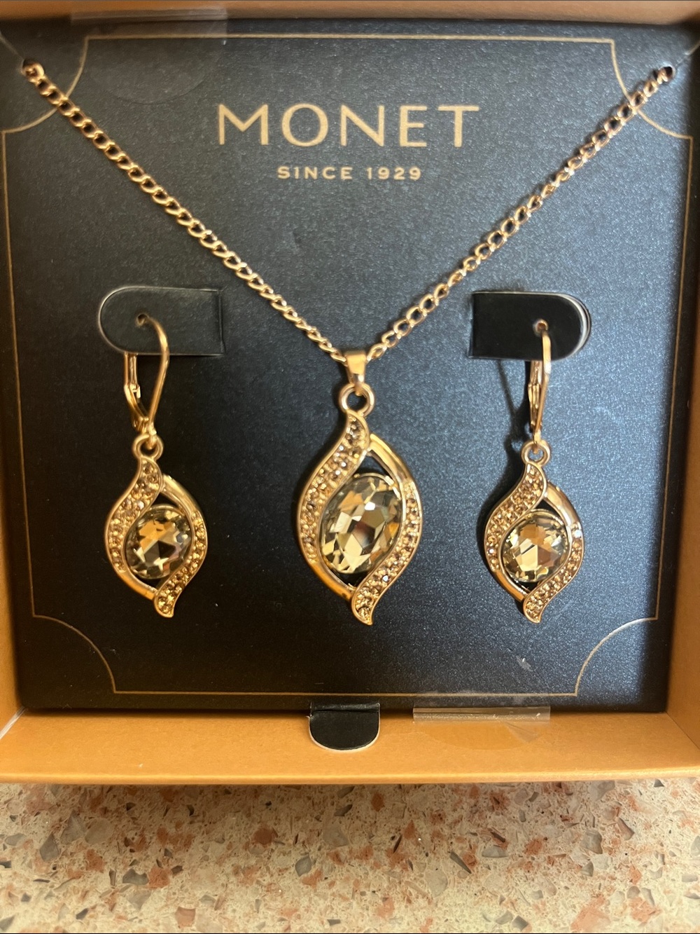 Monet Gold-Tone Teardrop Crystal Necklace and Earring Set
